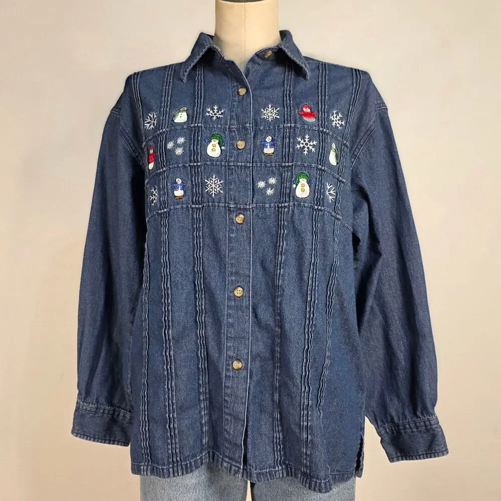 Vintage Christmas Denim Shirt Snowflake Holiday Size Small/Medium Embroidered